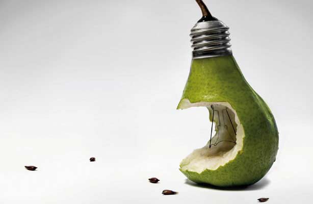 Pear-shaped light bulb with missing chunk.