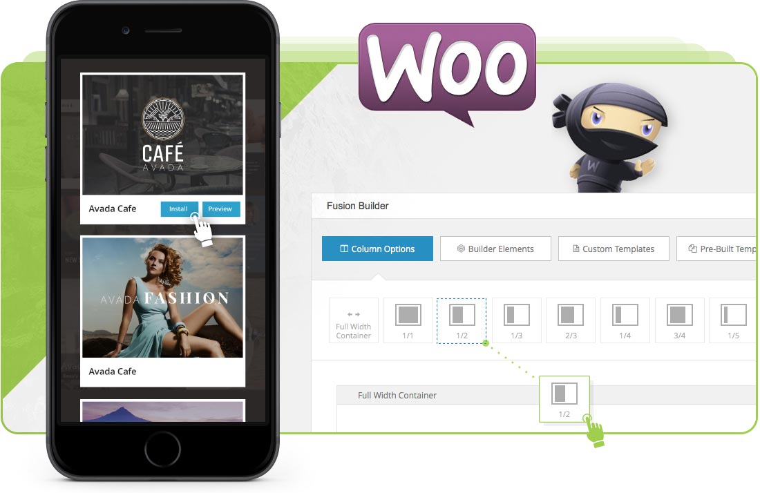 A phone with the woocommerce theme displayed. A man standing in front of some water