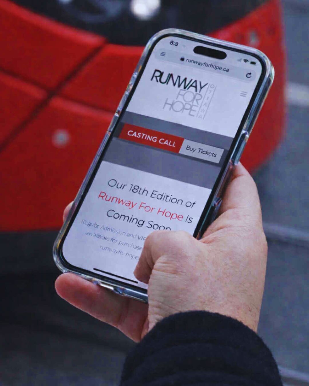 Phone displaying Runway For Hope casting call